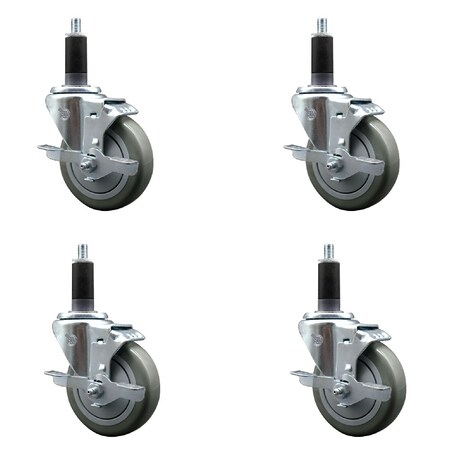 Service Caster 4'' SS Gray Poly Swivel 1-1/8'' Expanding Stem Caster Set with Brake, 4PK SCC-SSEX20S414-PPUB-TLB-118-4